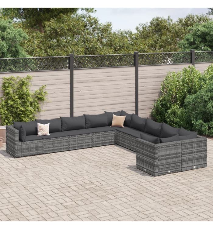 Salon de jardin avec coussins 10 pcs gris résine tressée | Mobilier & Déco