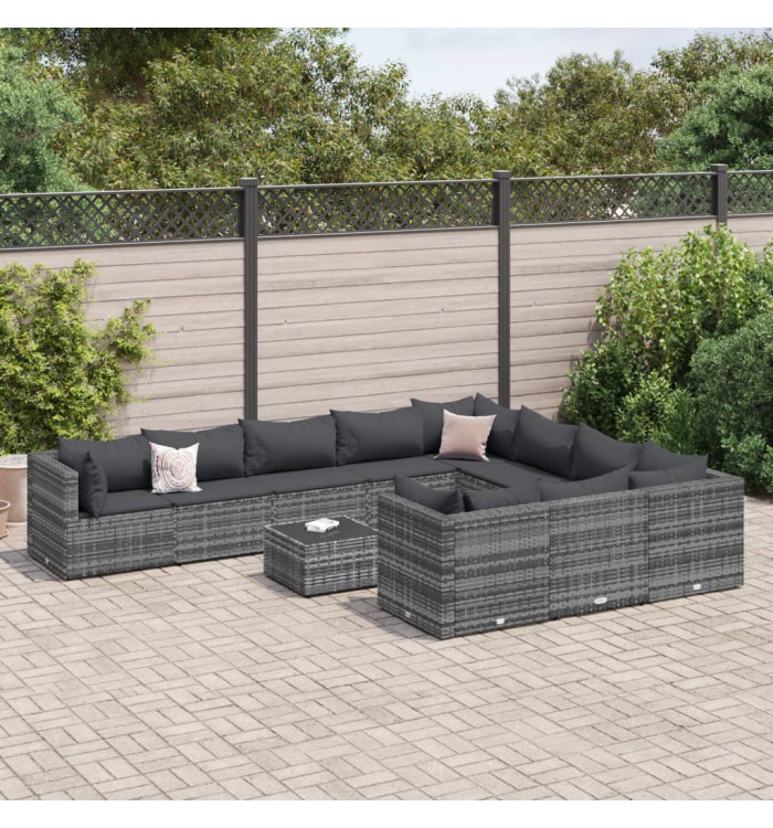 Salon de jardin 11 pcs avec coussins gris résine tressée | Mobilier & Déco