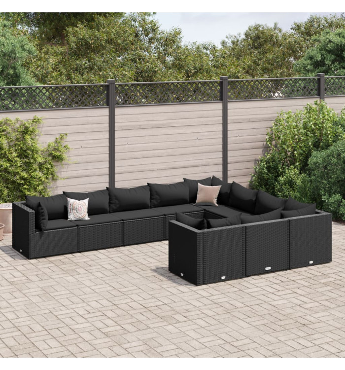 Salon de jardin 10 pcs avec coussins noir résine tressée | Mobilier & Déco