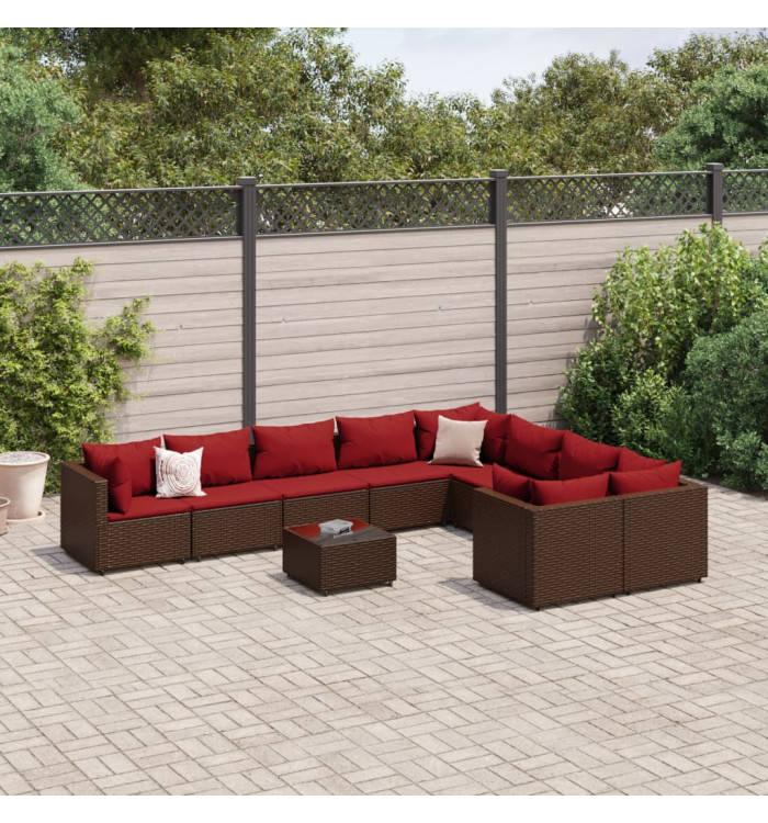 Salon de jardin 10 pcs avec coussins marron résine tressée | Mobilier & Déco