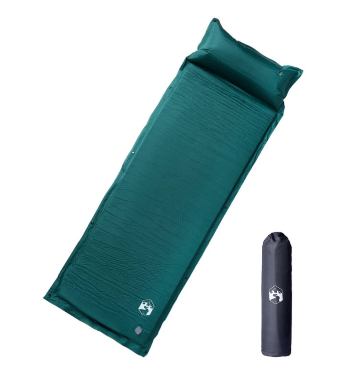 Matelas de camping autogonflant avec oreiller 1 personne vert | Mobilier & Déco