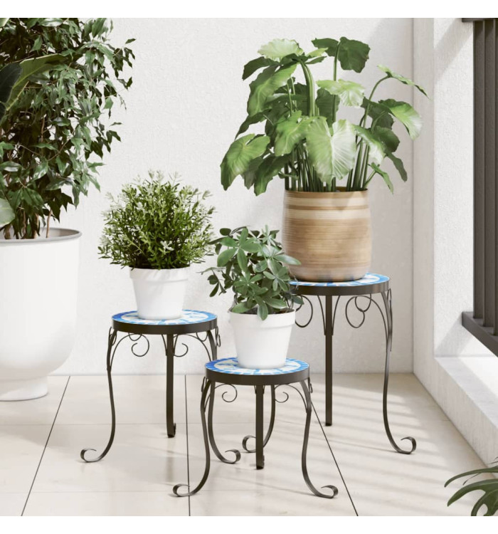 Supports pour plantes 3 pcs bleu et blanc céramique | Mobilier & Déco