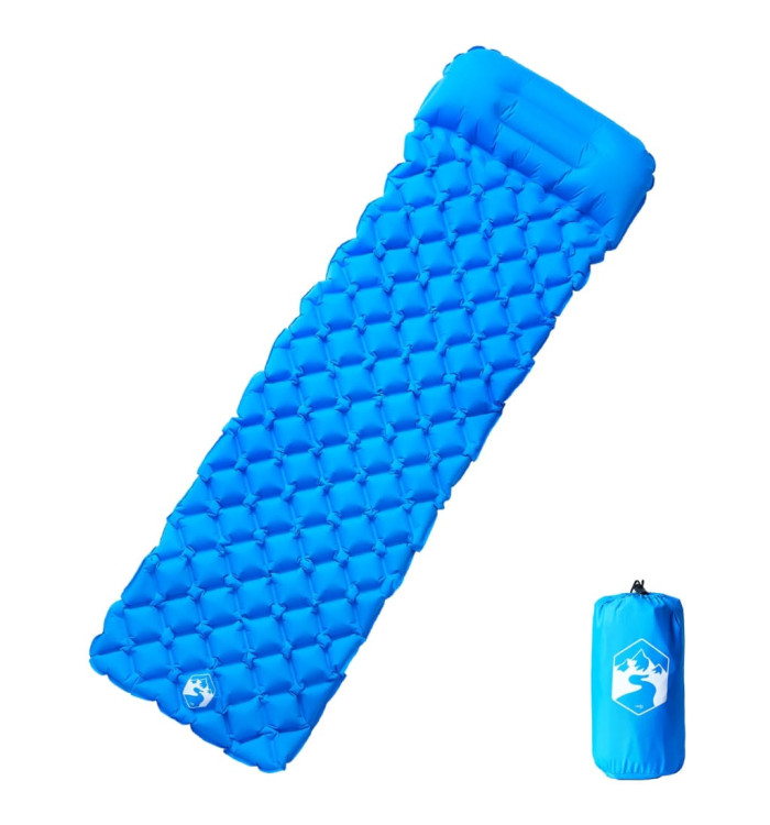 Matelas de camping gonflable avec oreiller 1 personne bleu | Mobilier & Déco