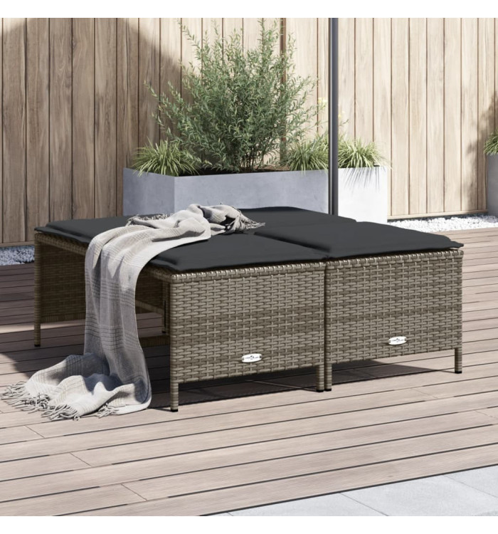 Tabourets de jardin avec coussins lot de 4 gris résine tressée | Mobilier & Déco