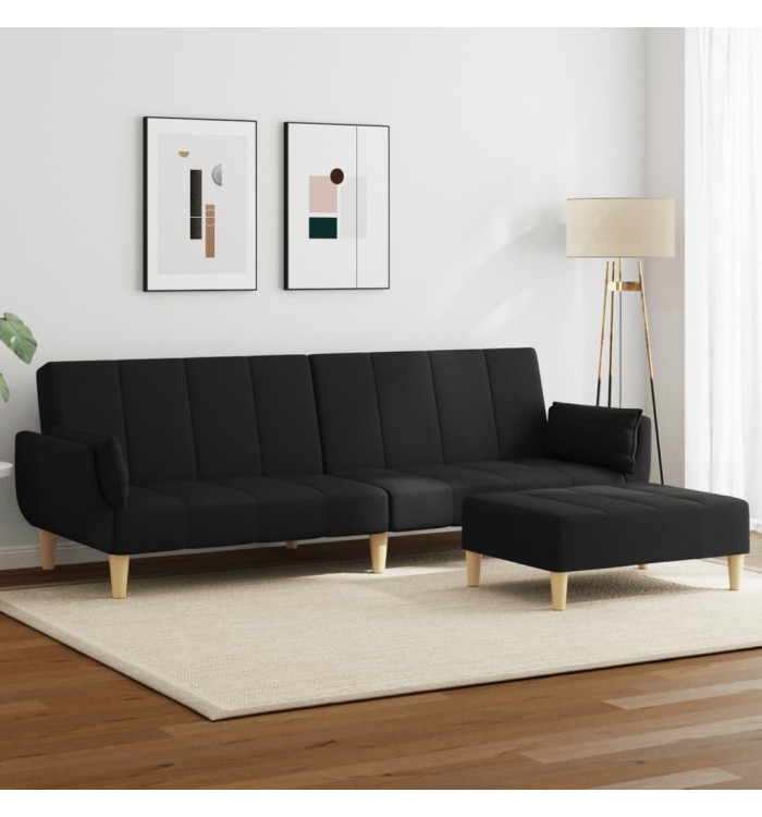 Canapé-lit à 2 places avec repose-pied noir tissu | Mobilier & Déco