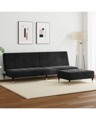 Canapé-lit à 2 places avec repose-pied noir velours | Mobilier & Déco