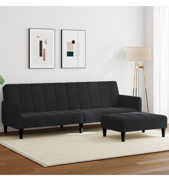 Canapé-lit à 2 places avec repose-pied noir velours | Mobilier & Déco