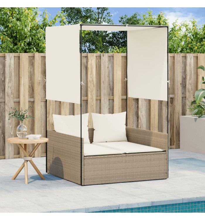 Chaise longue double avec toit et rideaux beige résine tressée | Mobilier & Déco