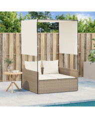 Chaise longue double avec toit et rideaux beige résine tressée | Mobilier & Déco