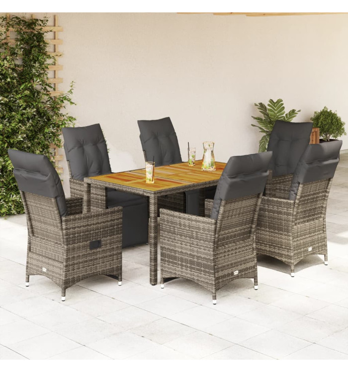Ensemble de bistro de jardin 7 pcs coussins gris poly rotin | Mobilier & Déco