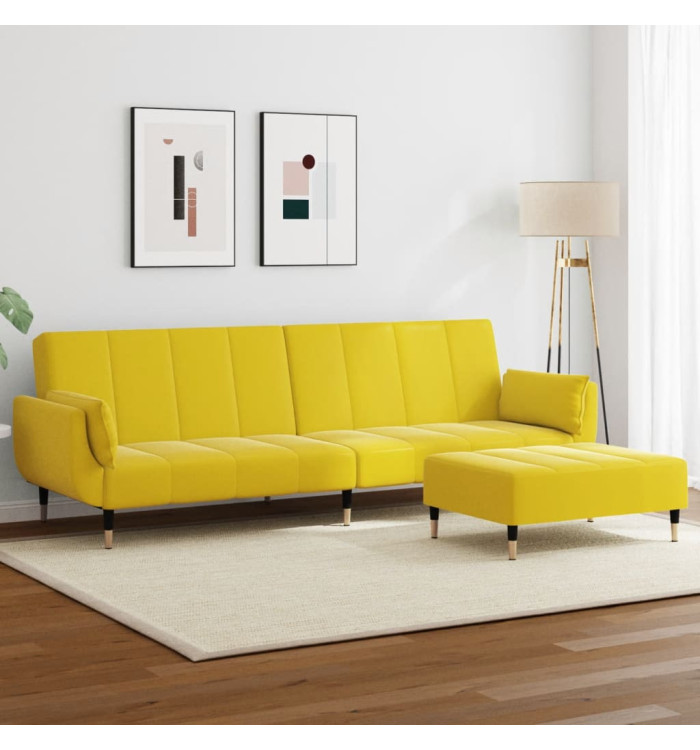 Canapé-lit à 2 places avec repose-pied jaune velours | Mobilier & Déco
