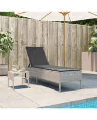 Chaise longue avec table et coussin gris clair résine tressée | Mobilier & Déco