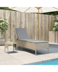 Chaise longue avec table et coussin beige résine tressée | Mobilier & Déco