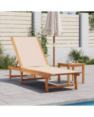 Chaise longue et table crème bois d'acacia solide et textilène | Mobilier & Déco