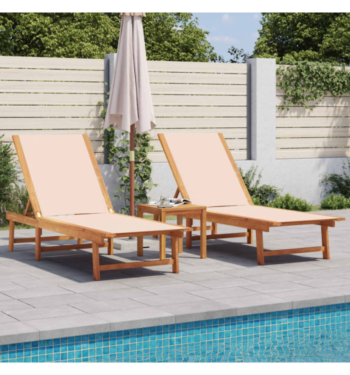 Chaises longues lot de 2 crème bois acacia solide et textilène | Mobilier & Déco