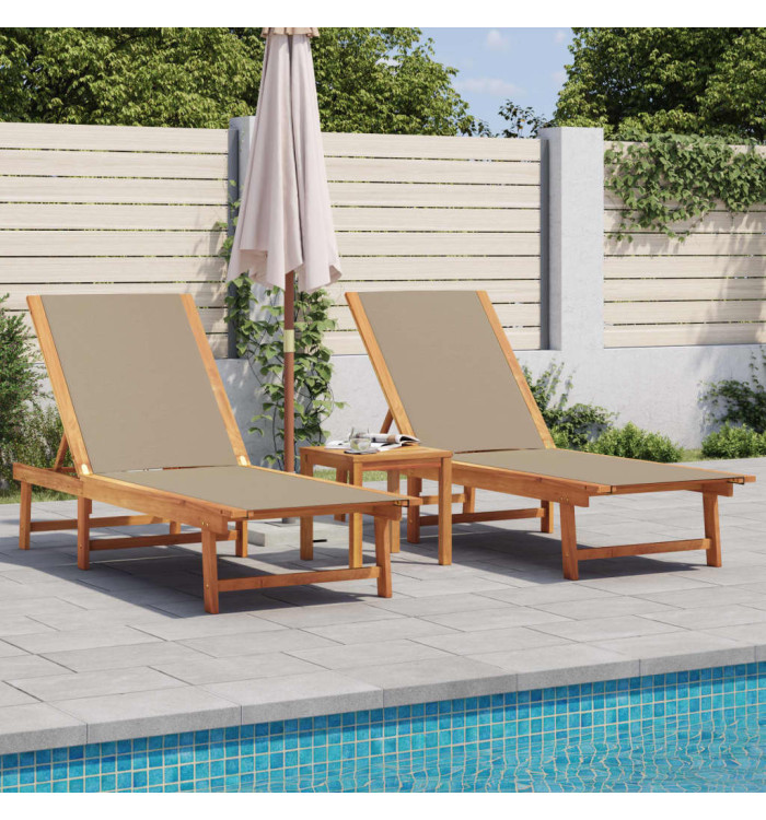 Chaises longues lot de 2 table taupe bois d'acacia et textilène | Mobilier & Déco