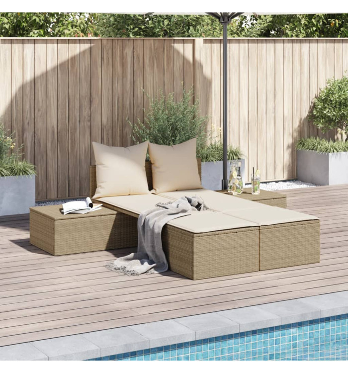 Chaise longue double avec coussins beige résine tressée | Mobilier & Déco