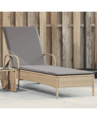 Chaise longue avec roues et coussin beige résine tressée | Mobilier & Déco