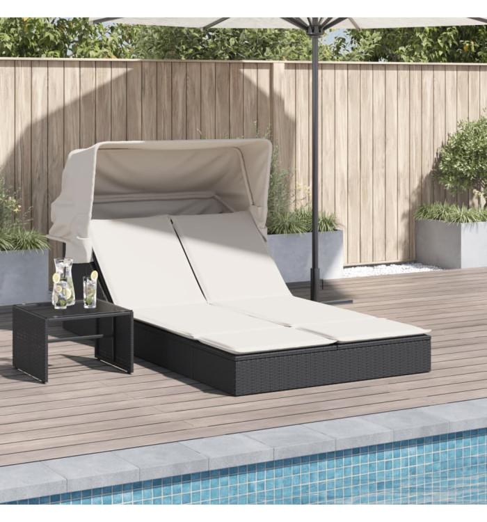 Chaise longue double et auvent et coussins noir résine tressée | Mobilier & Déco