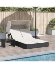 Chaise longue double et auvent et coussins noir résine tressée | Mobilier & Déco