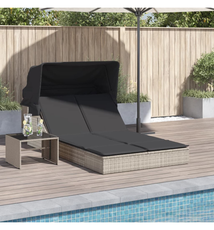 Chaise longue double avec auvent et coussins gris clair rotin | Mobilier & Déco