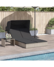 Chaise longue double avec auvent et coussins gris clair rotin | Mobilier & Déco