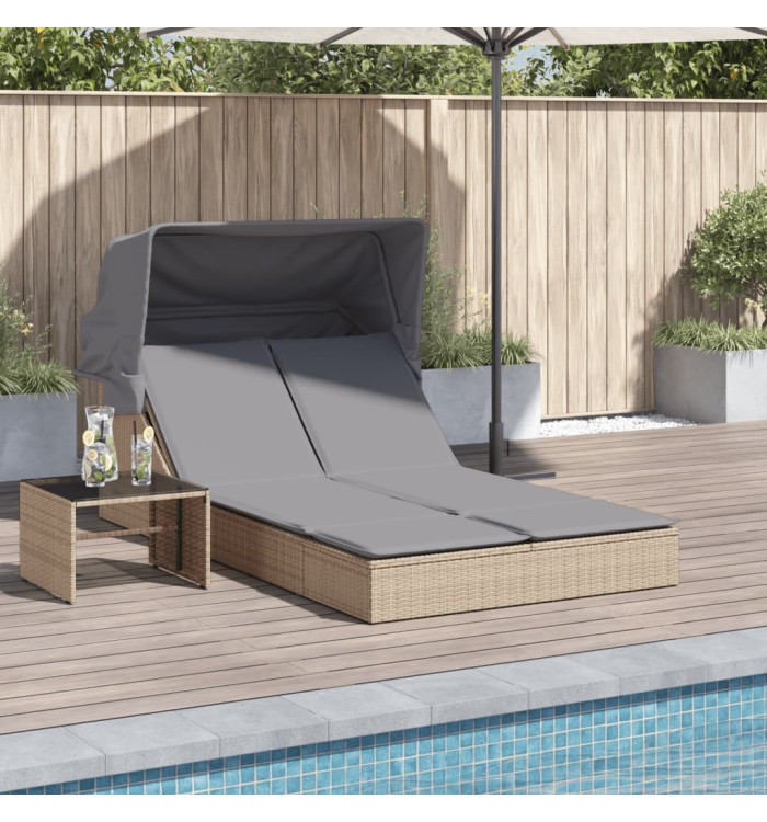 Chaise longue double avec auvent et coussins beige poly rotin | Mobilier & Déco