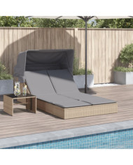 Chaise longue double avec auvent et coussins beige poly rotin | Mobilier & Déco