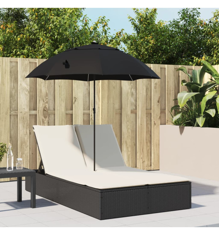 Chaise longue double et coussins et parasol noir résine tressée | Mobilier & Déco
