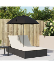 Chaise longue double et coussins et parasol noir résine tressée | Mobilier & Déco