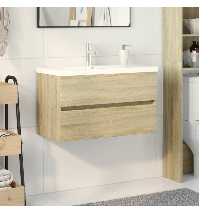 Ensemble de meubles de bain 2pcs céramique et bois d'ingénierie | Mobilier & Déco