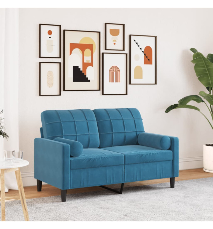 Canapé 2 places avec oreillers décoratifs bleu 120 cm velours | Mobilier & Déco