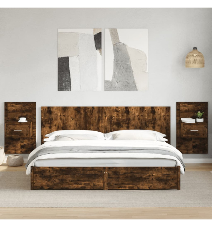 Tête de lit avec armoires chêne fumé 200 cm bois d'ingénierie | Mobilier & Déco
