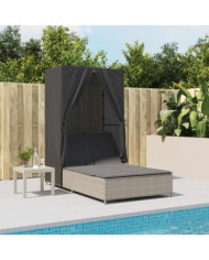Chaise longue double avec toit et rideaux gris clair poly rotin | Mobilier & Déco