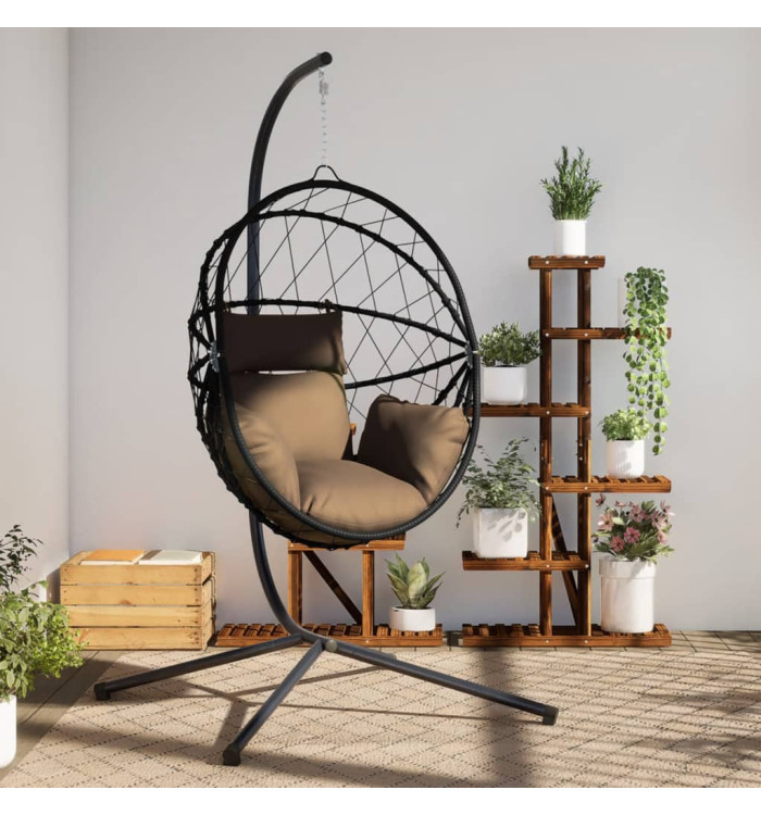 Chaise suspendue en forme d'œuf et support taupe rotin et acier | Mobilier & Déco