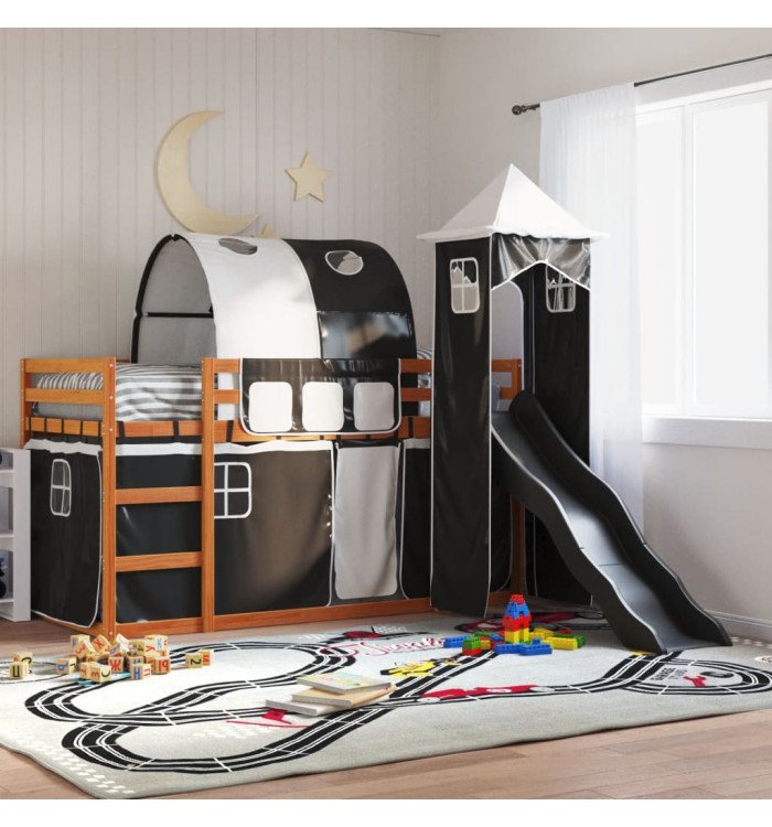 Lit superposé sans matelas avec toboggan blanc noir 90x190 cm | Mobilier & Déco