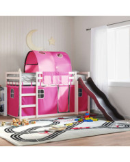 Lit superposé sans matelas avec toboggan et rideaux 90x200 cm | Mobilier & Déco