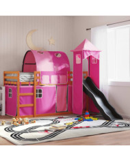 Lit superposé sans matelas avec toboggan et rideaux 90x190 cm | Mobilier & Déco