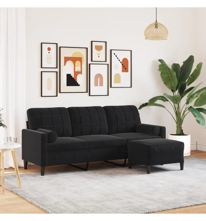 Canapé à 3 places avec repose-pieds Noir 180 cm Velours | Mobilier & Déco