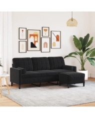 Canapé à 3 places avec repose-pieds Noir 180 cm Velours | Mobilier & Déco