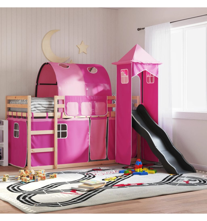 Lit superposé sans matelas avec toboggan et rideaux 80x200 cm | Mobilier & Déco
