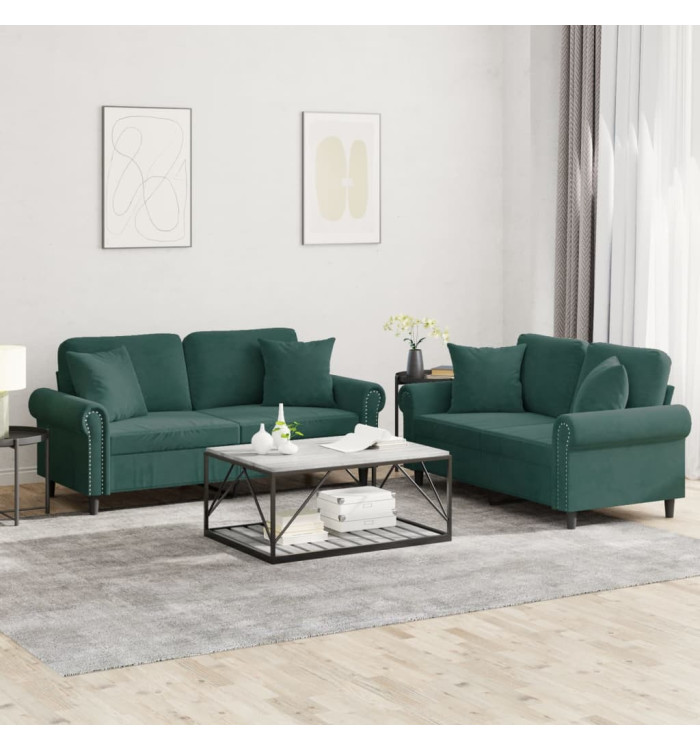 Ensemble de canapés 2 pcs avec coussins vert foncé velours | Mobilier & Déco