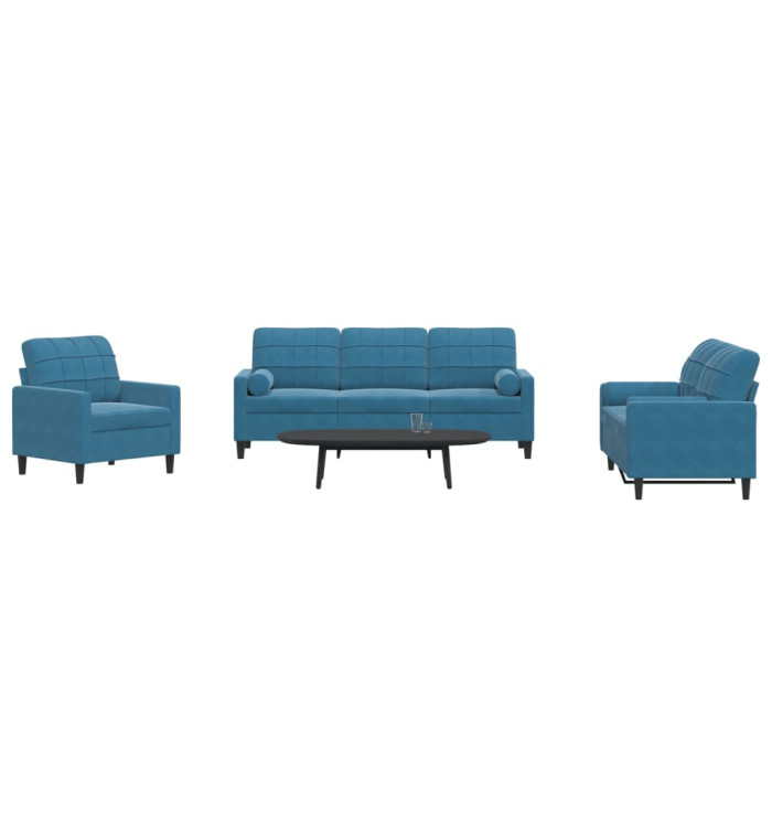 Ensemble de canapés 3pcs et coussins et traversins bleu velours | Mobilier & Déco