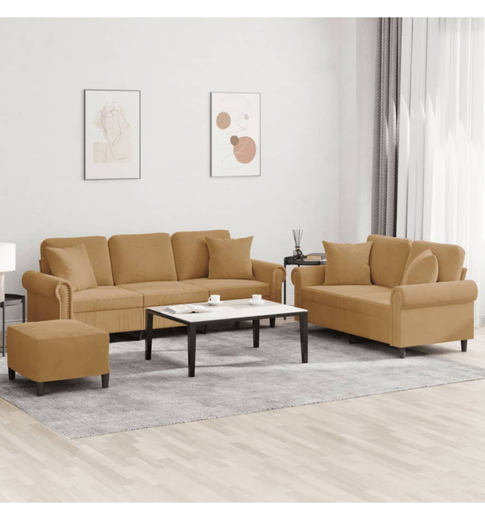 Ensemble de canapés 3 pcs avec coussins marron velours | Mobilier & Déco