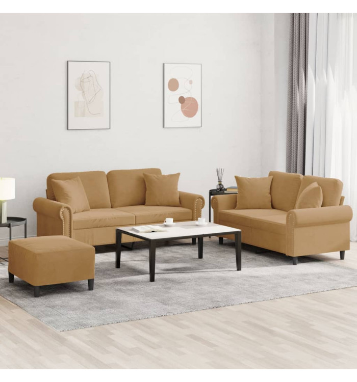 Ensemble de canapés 3 pcs avec coussins marron velours | Mobilier & Déco