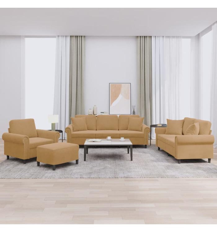 Ensemble de canapés 4 pcs avec coussins marron velours | Mobilier & Déco