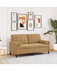 Canapé 2 places avec oreillers décoratifs brun 140 cm velours | Mobilier & Déco