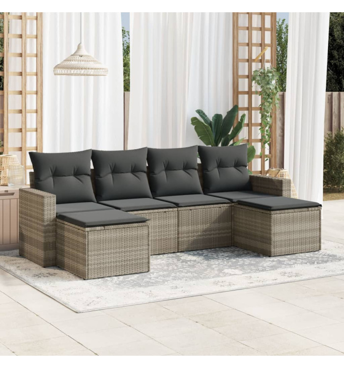 Salon de jardin 6 pcs avec coussins gris clair résine tressée | Mobilier & Déco