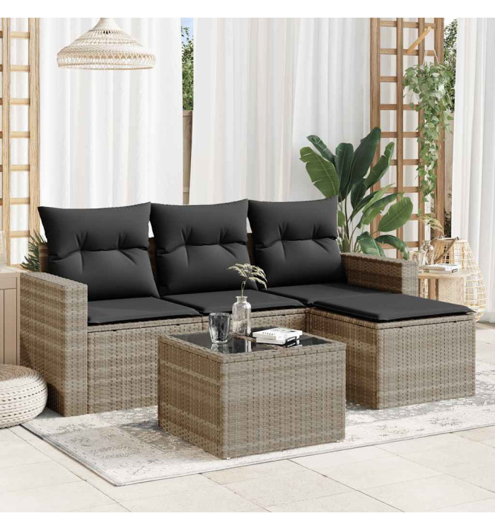 Salon de jardin 5 pcs avec coussins gris clair résine tressée | Mobilier & Déco