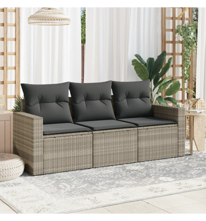 Salon de jardin avec coussins 3 pcs gris clair résine tressée | Mobilier & Déco